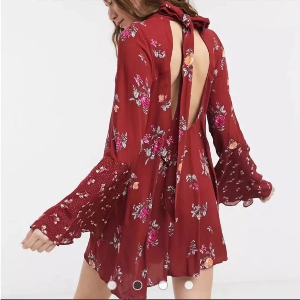 NWT Free People Women's Maroon Red Floral Vintage Combo Long Sleeve Dress Medium